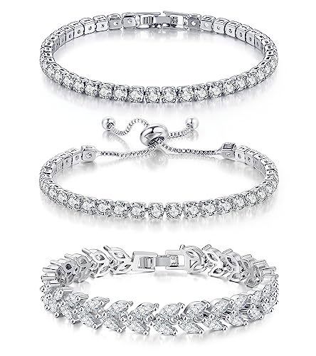 GEMOSA 3 Pcs Tennis Bracelet Set 14K Gold Plated Marquise Cubic Zirconia CZ Diamond Dainty Adjustable Silver Bracelets for Women Brides Stackable Fashion Jewelry Wedding Prom Gift - color: White