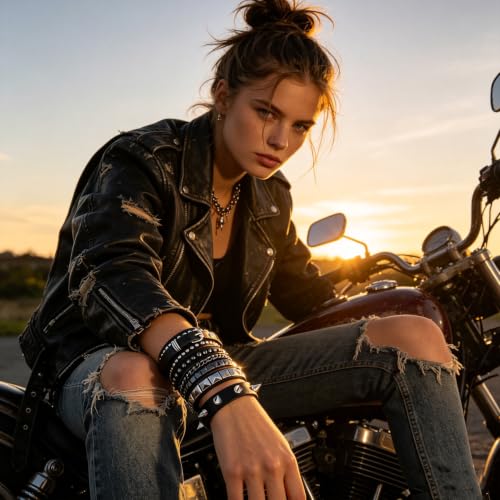 Handmade Black Leather Wrap Studded Bracelets for Women Men, 4Pcs Vintage Punk Wrist Cuff Bangle Wristband Emo Jewelry Gifts - style: Pin Buckle Style