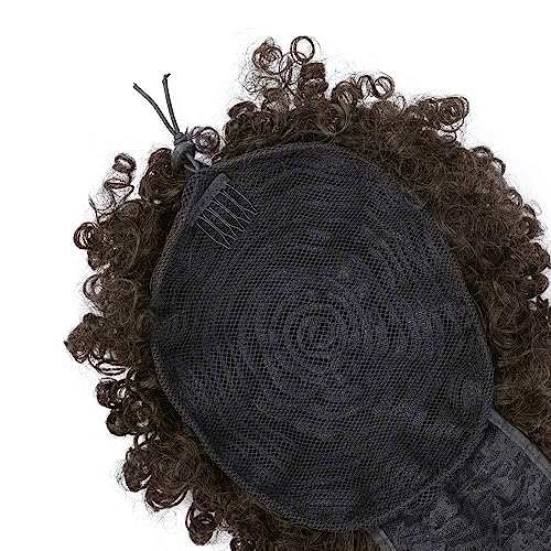Drawstring Ponytail with Bangs Afro Puff Extensions for Women Short Curly Clip in Wrap Updo Hairpiece(2B) - color: 4#