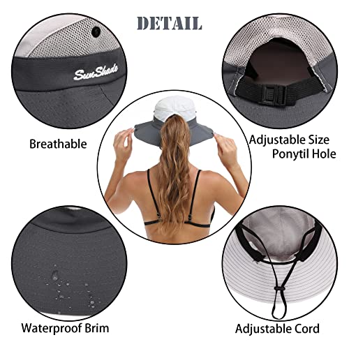 Womens Summer Sun Hat Beach Hat Wide Brim Outdoor UV Protection Hat Foldable Cool Mesh Ponytail Bucket Hat - color: Light Grey-grey