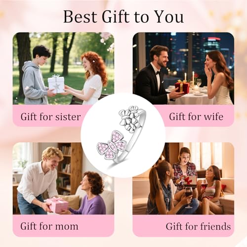 PARCOM Adjustable Women Stackable Ring, 925 Sterling Silver Open Rings - Trendy Eternity Cubic Zirconia Stackable Band Engagement Promise Ring for Her, Hypoallergenic Non Tarnish Nature Bird Floral Thumb Rings - color: Flower & Bow