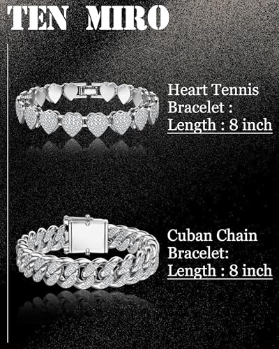 TEN MIRO Silver Plated Bracelets for Women,Silver Tennis Bracelets for Women Non Tarnish Heart Square Cuban Bracelet stack Layered Link Bracelet Set Fashion Jewelry for Women or Men