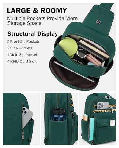 FADEON Large Sling Bag for Women, Leather Crossbody Purse Designer Anti Theft Sling Backpack, RFID Fanny Packs for Travel - color: Dark Green Nubuck Style
