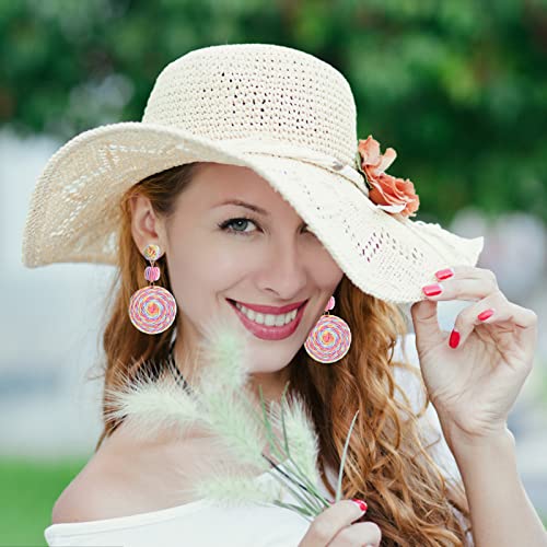 Boho Raffia Ball Earrings for Women, Handmade Statement Drop Earrings Straw Dangle Earrings Beach Vacation Jewelry - color: Colorful