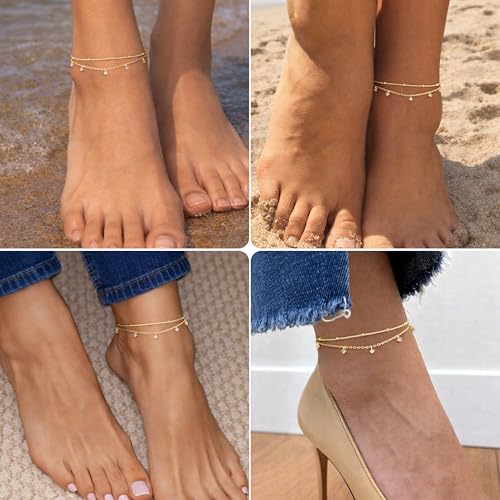 Gold/Sterling Silver Anklet Bracelets for Women Waterproof, Non Tarnish 925 Sterling Sliver Plated Heart Evileye Butterfly Charm, Dainty Summer Beach Anklets for Women, Beach Vacation Bikini Outfits for Her Mom - style: CZ-Gold