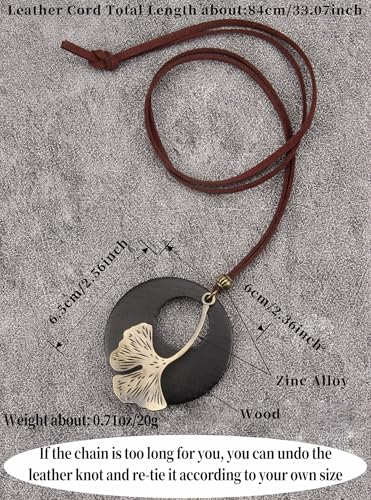 Kelake Leather Necklace for Women Men Teen Vinatge Boho Alloy Pendant Choker Jewelry Fashion Sweater Necklaces with Adjustable Genuine Leather Chain - color: Gold Ginkgo Leaf & Black Wood Pendant