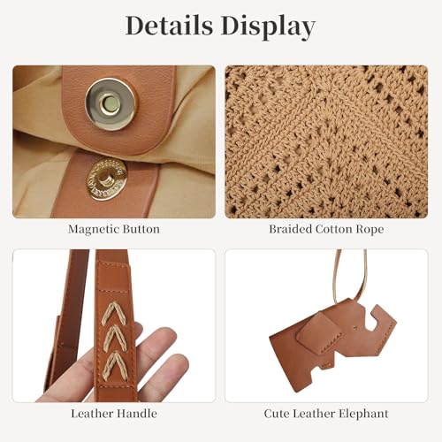 Crochet Beach Tote Bag for Women 2026 Woven Shoulder Bag Summer Handmade Boho Purse Crochet Handbags - color: Khaki