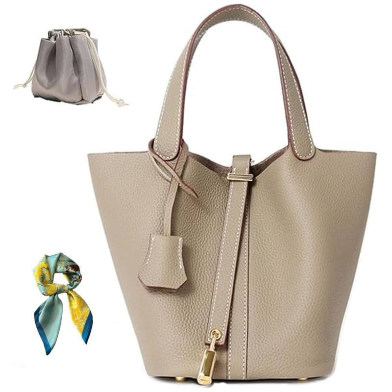 Genuine Leather Bucket Bag for Women: Lock Design Shoulder Handbag Versatile Top-Handle Tote Fashionable Vegetable Basket - color: Grey
