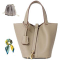 Genuine Leather Bucket Bag for Women: Lock Design Shoulder Handbag Versatile Top-Handle Tote Fashionable Vegetable Basket - color: Grey
