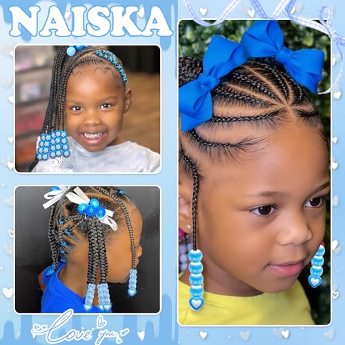 NAISKA 100PCS Blue Hair Beads Sets Heart Braids Beads 10 Styles Loc Bead Flower Round Pony Bead Loc Dreadlock Braids Accessories for Kids Girls - color: Blue
