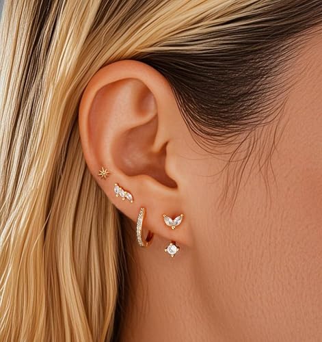 6 Pairs 14K Gold Plated Stud Earrings for Women, Hypoallergenic Cartilage Earrings for Multiple Piercing, Dainty Small Stackable Earrings Set for Jewelry Gift - color: Gold-4 Pairs A