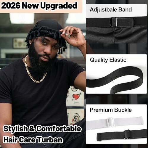 Ababalaya Adjustable Satin Lined Halo Turban Durag for Men &Women Twisted Tassel Head Wraps - color: Black