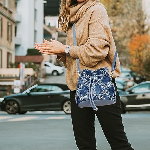 QZUnique Women Denim Mini Bucket Bag Crossbody Purse Shoulder Handbag Drawstring Quilted Tassel Barrel Shape Satchel Tote Bag - color: Bucket Blue