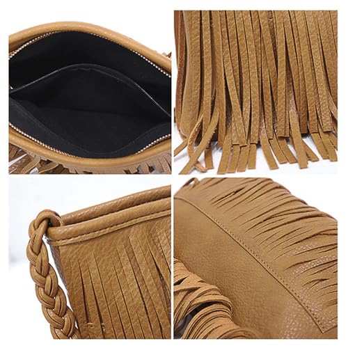 Stylish Fringe Crossbody Bag Bohemian Sling Bag Brown Lightweight Purse Hippie Small Shoulder bagTassel Leather - color: Brown