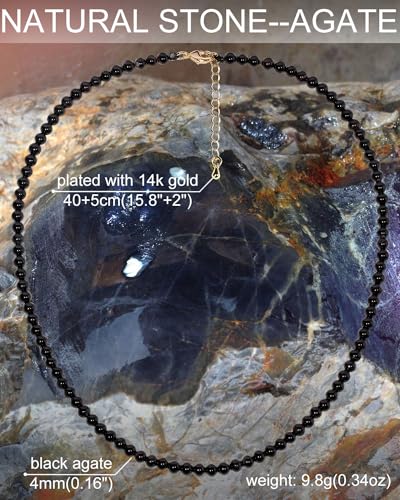 Simple Choker Necklace for Women Real Stone and Crystals Necklaces 4mm Beaded Choker Jewelry Meditation Gift for Women (16"+2") - style: Black Agate