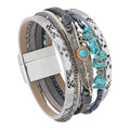 Turquoise Bracelet for Women, Boho Multilayer Leather Bracelet with Feather and Magnetic Clasp, Western Turquoise Jewelry - color: Silver