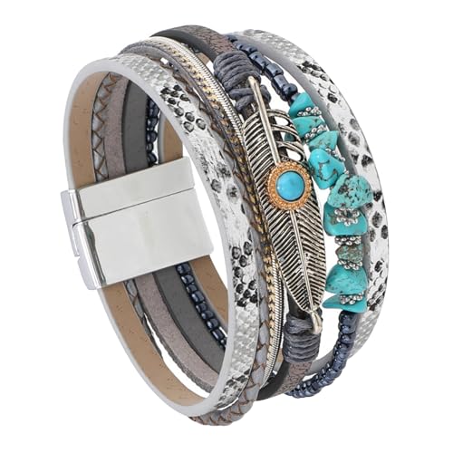 Turquoise Bracelet for Women, Boho Multilayer Leather Bracelet with Feather and Magnetic Clasp, Western Turquoise Jewelry - color: Silver