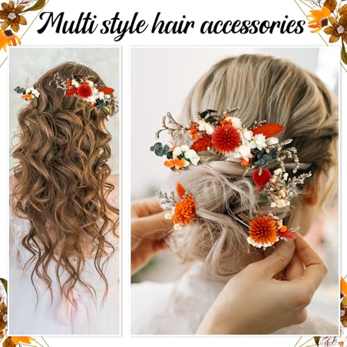 Suncalla 5 Pcs Burnt Orange Dried Flower Hair Pins for Wedding Baby Breath Comb with Eucalyptus Leaves Fall Hair Accessories Bulk for Women Girls Bride Bridesmaid Bachelorette - color: Orange, style: Warm