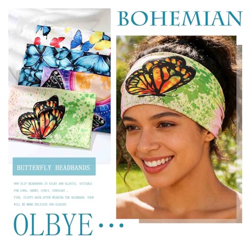 Olbye Wide Boho Headbands Headwrap Butterfly Stretch Button Hair Bands Bandana Yoga Running Athletic Turban Head Bands Head Scarfs Hair Accessories for Women 4Pcs (Boho)