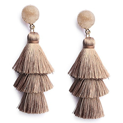 Me&Hz Colorful Layered Tassel Earrings Bohemian Statement Tiered Tassel Big Dangle Drop Earrings for Women Druzy Studs Valentine’s Day Gift - color: Khaki