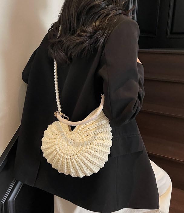 Handmade Crochet Tote Bag Seashell Purse for Women Boho Shell Handbag Crossbody Shoulder Bag Summer Beach Clutch Hobo Handbag - color: Blue