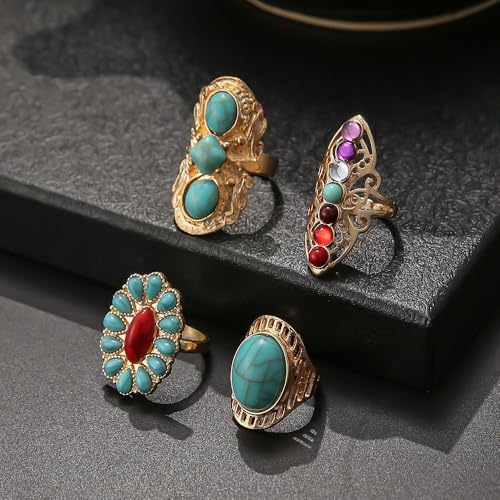 Bohemian Turquoise Ring for Women Chunky Gold Flower Statement Rings Vintage Round Turquoises Stackable Knuckle Ring Set for Women Western Jewelry - style: Turquoise ring-4Pcs