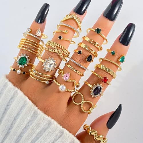Vintage Gold Knuckle Rings Set for Women Sparkling Colorful Crystal Gemstone Rings Boho Stackable Open Ring Set Fashion Jewelry Accessary - color: Gold
