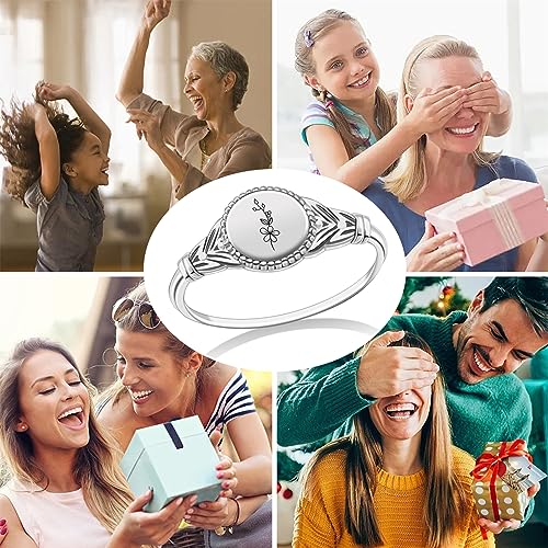 Birth Month Ring for Women Personalized Birthday Flower Signet Rings 925 Sterling Silver Vintage Rings Personalized Gift with Birth Flowers for Mom Daughter Girlfriend Wife Friend - color: Style 2