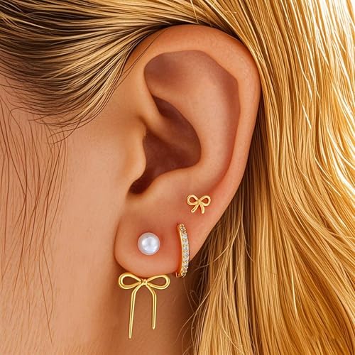 6 Pairs 14K Gold Plated Stud Earrings for Women, Hypoallergenic Cartilage Earrings for Multiple Piercing, Dainty Small Stackable Earrings Set for Jewelry Gift - color: Gold-Bow+pearl