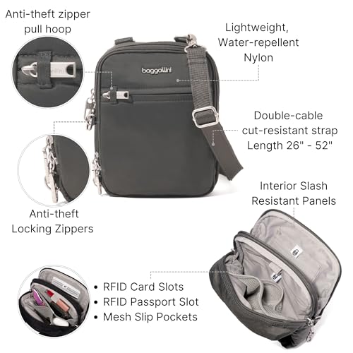 Baggallini Securtex® Anti-theft Mini Everything Crossbody Bag, 6.3"x8.25" Rfid, Locking Zippers & Cut-resistant Strap - color: Charcoal