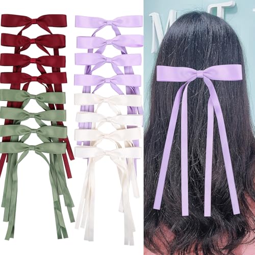 WORTL Hair Bows Clips Coquette Ribbon Bowknot with Long Tail Princess Hair Bows French Barrettes Hair Accessories for Women Girls 16PCS (Wine Red, Beige, Green, Purple) - color: Wine Red, Beige, Green, Purple