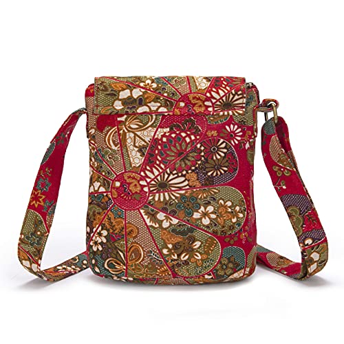 OPQRSTU Women's Retro Small Size Canvas Shoulder Bag Hippie Boho Crossbody Handbag - color: Red Windmill