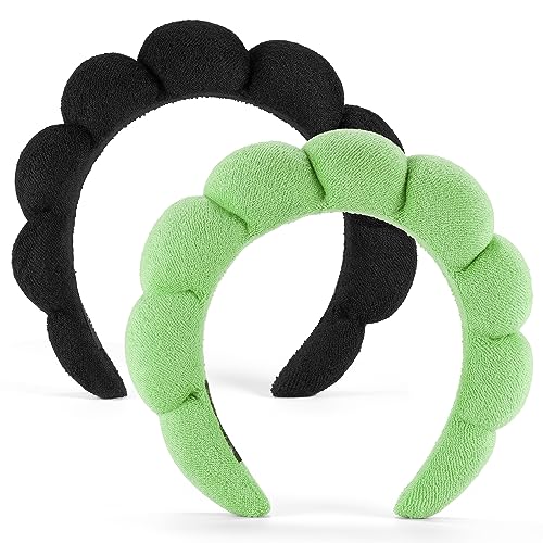 Ztomine 2 Count Hairband, Set of 2 - Thick, Soft, Plush, Absorbent Terry Cloth Spa Headbands for Washing Face or Facial - Puffy Makeup Headbands for Face Washing, Mask, Skin Treatment - color: Black+Green