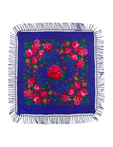 MJ SERECA Acrylic Bandana Printed Hair Scarf Square Ukrainian Head Scarf Floral Babushka Neck Scarf for Women 30"/42"/60" - color: Navy With Tassel