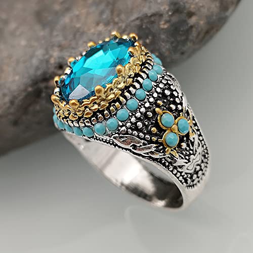 SUKKCCNO Vintage Turquoise Blue Crystal Ring for Men 14K Gold Plated Luxury Sapphire Surround Round Cut Synthetic-Turquoise Silver Plated Ring Turkish Handmade Engrave Jewelry Gift 6 - size: 6