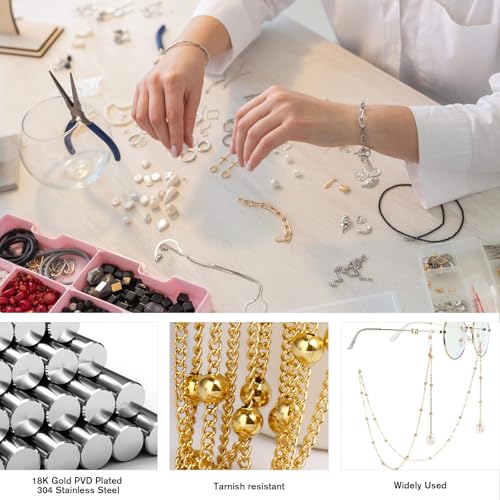 33 Feet Gold Satellite Chains Roll, 2mm 18K Gold PVD Plated 304 Stainless Steel Ball Beaded Twisted Curb Chains Spool Bulk for Jewelry Making DIY Craft - color: Gold Big Beads Satellite Curb Chain