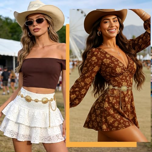 XZQTIVE Women Boho Chain Belts For Dresses Jeans Western Cowgirl Waist Links Belt Adjustable Metal Concho Belt - color: Matte Gold(double Flower), size: Fit Waist up to 46 In
