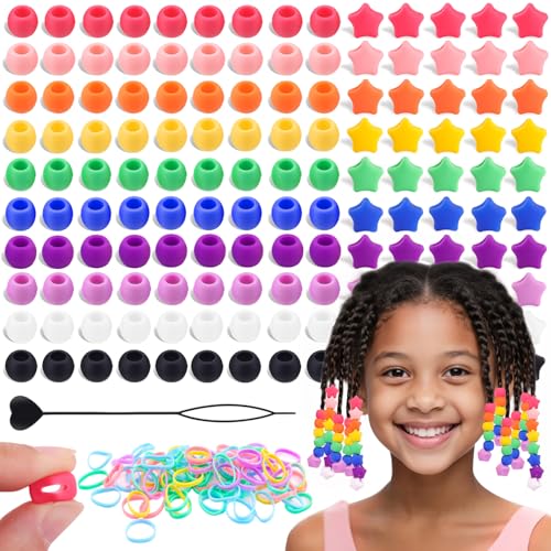 150Pcs Silicone Hair Beads for Braids, 5mm hole Mixed Shape Soft Pony Beads Bulk, Multi-color Hair Jewerly Accessories Kit with 60 Elastic Bands and 1 Beader for Braiding,DIY Bracelets and Crafts - color: Multi Shape C-Multicolor-150pcs