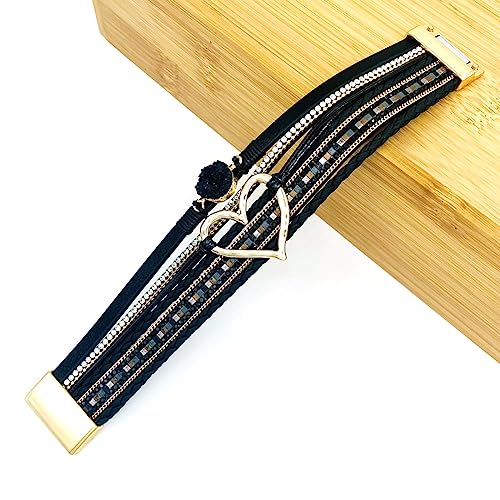 Womens Multi Layer Heart Leather Wrap Bracelet Boho Stackable Cuff Bangle Magnetic Clasp Crystal Birthday Valentine Gift - color: Black