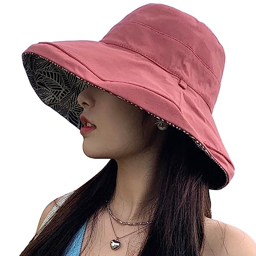 HUAMULAN Women Summer Sun Hat Wide Brim Wired Edge Floral Beach Bucket Hats Reversible Foldable Travel UV Protection Lady Hat - color: M2246-jiuhong