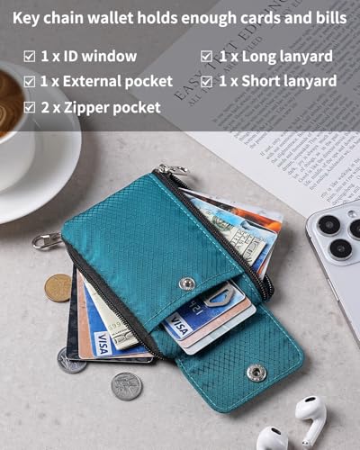 Artpaxy Minimalist Wallet For Mens Womens, Keychain RFID Blocking Zipper Small Wallet with ID Window 2 Lanyards,Water Resistant Travel Cash Card Coin Case Boys Girls - color: Dark green, style: Casual