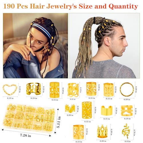 190 Pcs Gold Hair Jewelry for Braids & Dreadlocks - Loc Jewelry with Ring Cuffs, Clips, Charms & Decorations for Men, Women & Girls - color: Gold