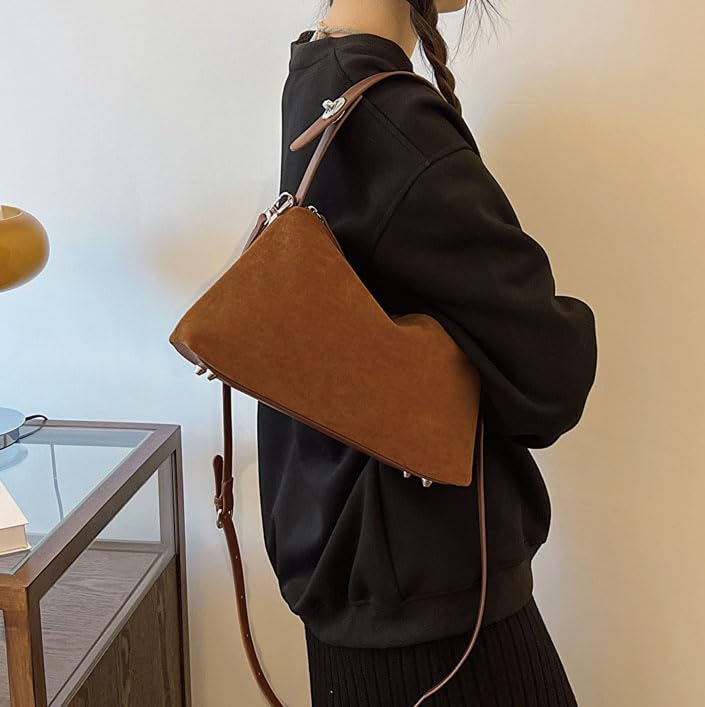 Suede Shoulder Bags For Women Crossbody Bag Suede Tote Bag Satchels Slouchy Work Purses Crescent Handbag Fall Top Handle - color: Brown