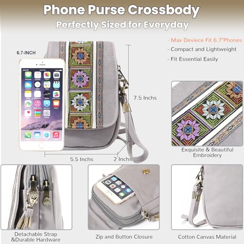 Goodhan Embroidery Canvas Crossbody Bag Cell phone Pouch Coin Purse for Women - color: Light Grey
