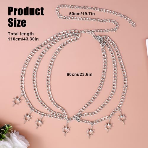Silver Chain Belt Multi-layer Heart Waist Chain for Women Punk Silver Waist Belt Y2k Gothic Body Chains for Dresses Jeans Festivals