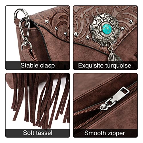 LAVAWA Small Crossbody Bags for Women Crossbody Handbag Fringe Purse Tassel Shoulder Bag Turquoise Concho Wallet - color: Brown