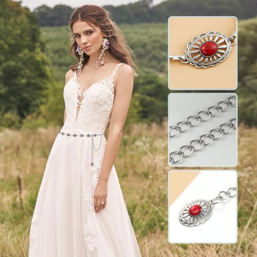 FIORETTO Western Waist Chain Belt Metal Concho Belt for Women Cowgirl Cowboy Boho Country Belt for Dress Jean - color: Red-silver-19, size: Fit Waist Up to 38"
