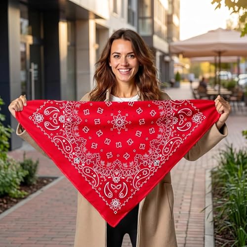Junvena 27 Inch Extra Large Bandana 100% Cotton,Soft Thin Breathable Headband for Men Women, Solid & Paisley - color: Red Paisley 3 Pack