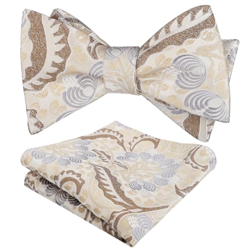 Alizeal Mens 2pcs Classic Floral Pattern Self-tied Bow Tie and Handkerchief Set - color: 035-khaki+brown