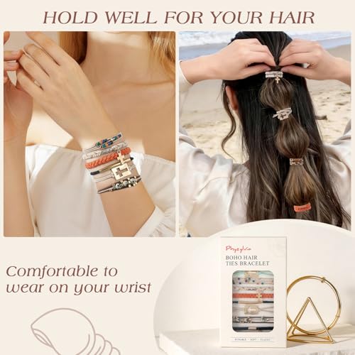 10 PCS Boho Hair Ties Bracelet for Women - 5 Styles Soft Braided Nylon Elastic Hair Bands No Damage Ponytail Holders - Cute Hair Accessories for Thick Thin Curly Hair with Gift Box - color: Brown